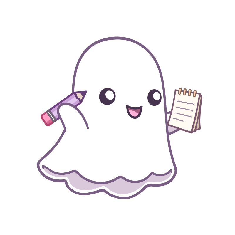 An adorable ghost with pen and paper.