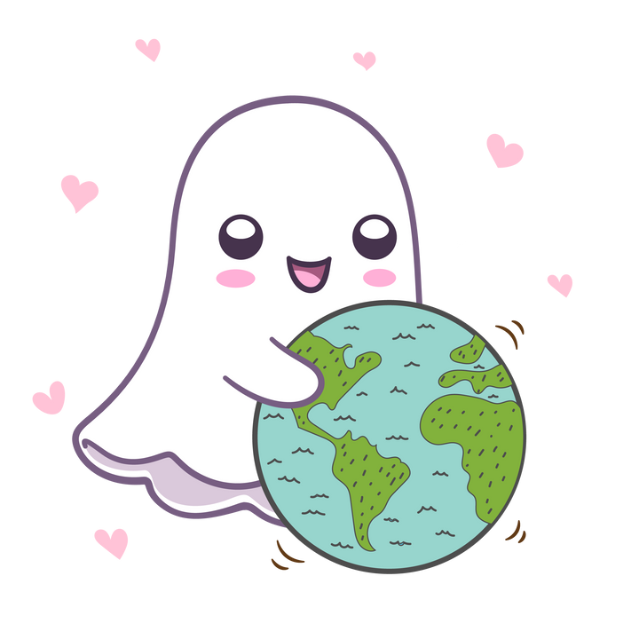 A happy Ghost carrying planet earth, surrounded by hearts.