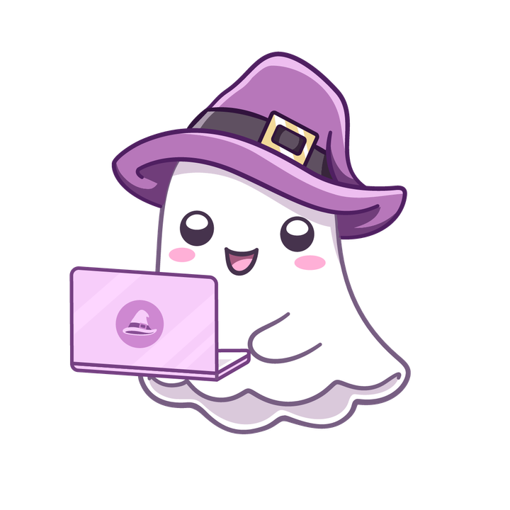 A cartoon ghost with a laptop, wearing a purple wizard hat.